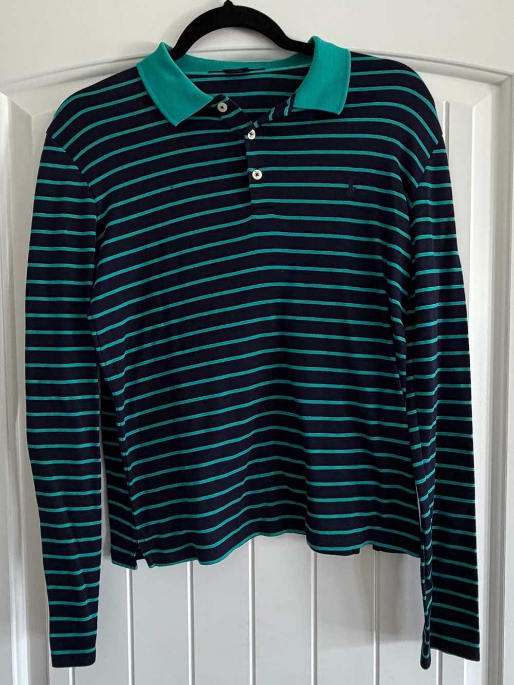 Ralph Lauren Sport Preppy Nautical Navy Teal Striped Polo Medium